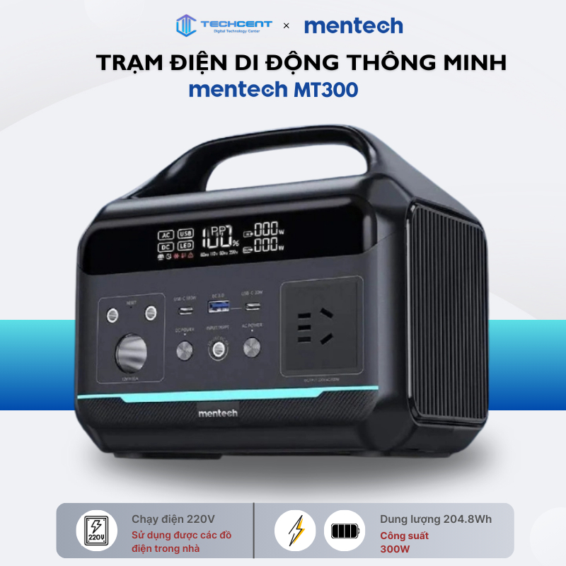 Trạm điện Camping MENTECH 300W MT300 dung lượng 204.8Wh, 2 cổng C 100W & 30W, sạc 220v