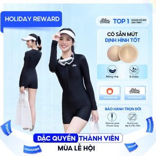  Đồ bơi nữ một mảnh tay dài kiểu quần short kín đáo chống nắng có bigsize đến 75kg - BIKINI PASSPORT - Đen - BS260_BL 