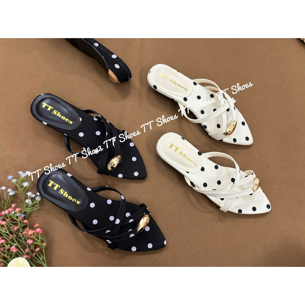 dép cao gót 3cm xỏ ngón chấm bi TT Shoes 3pxongoncbi