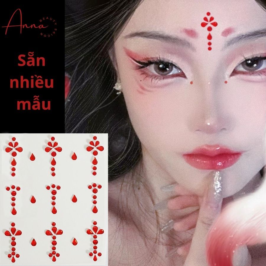 Đá chu sa đỏ đính mặt make up có sẵn keo, phụ kiện hóa trang cosplay cổ trang