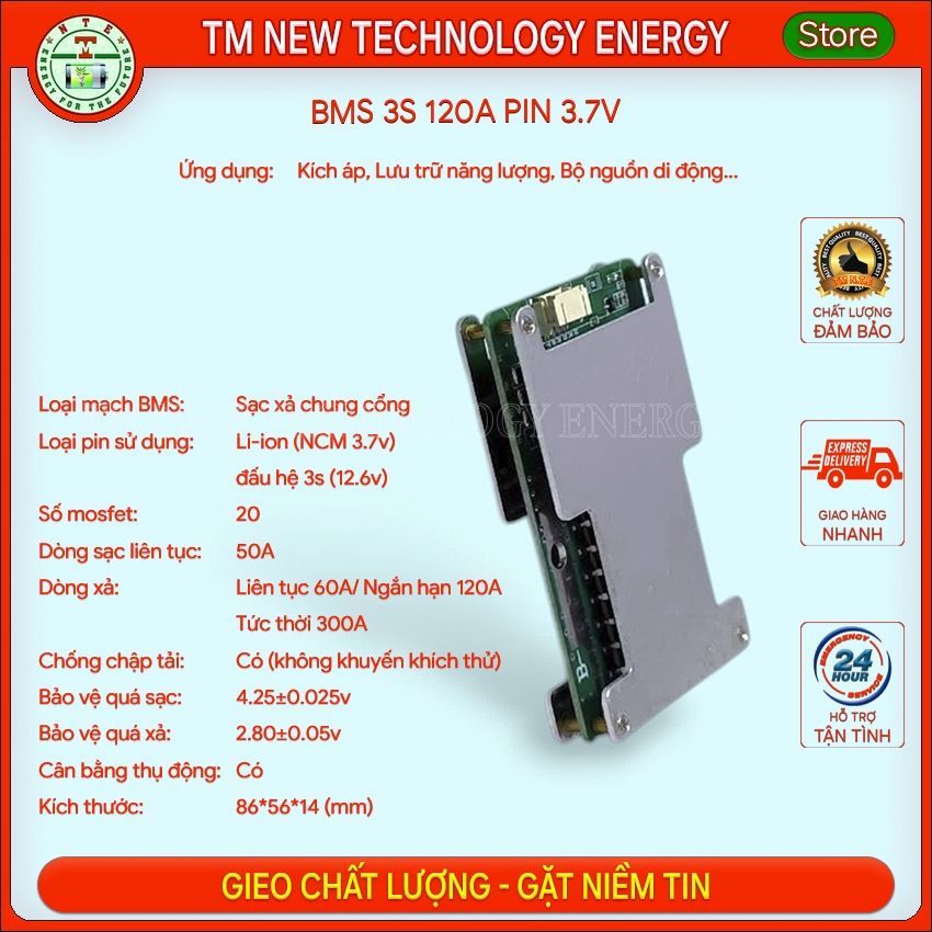 Mạch BMS 3s 120A dùng cho pin Li-ion (NCM 3.7v) làm bình kích, lưu trữ, UPS,..