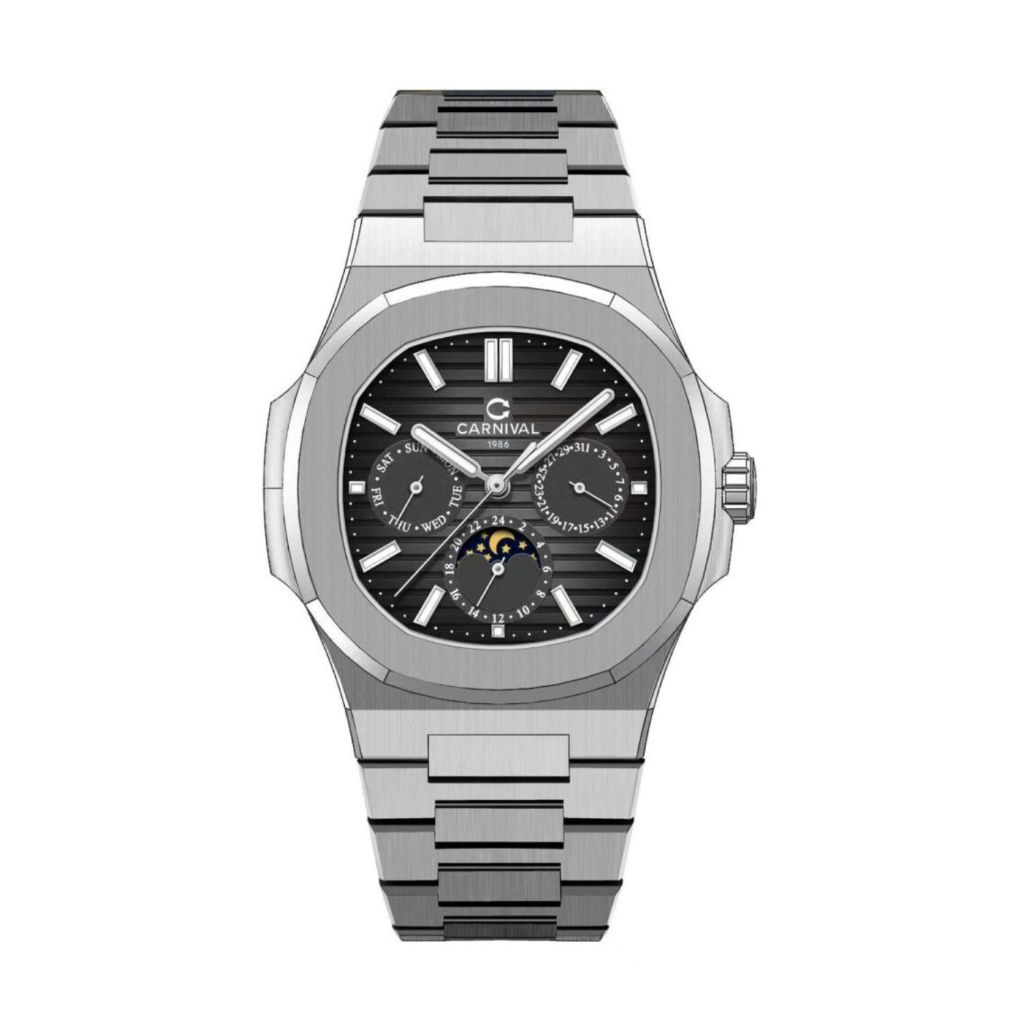 Đồng Hồ Cơ Nam Carnival 8179G-VT-D  Màu Đen Đính Đá Mặt Kính Sapphire 41mm Dạ Quang Dây Kim Loại Khô