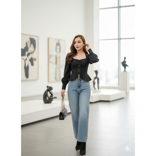 [HỎA TỐC HCM] Áo crop đan dây tay phồng dài (2 màu)