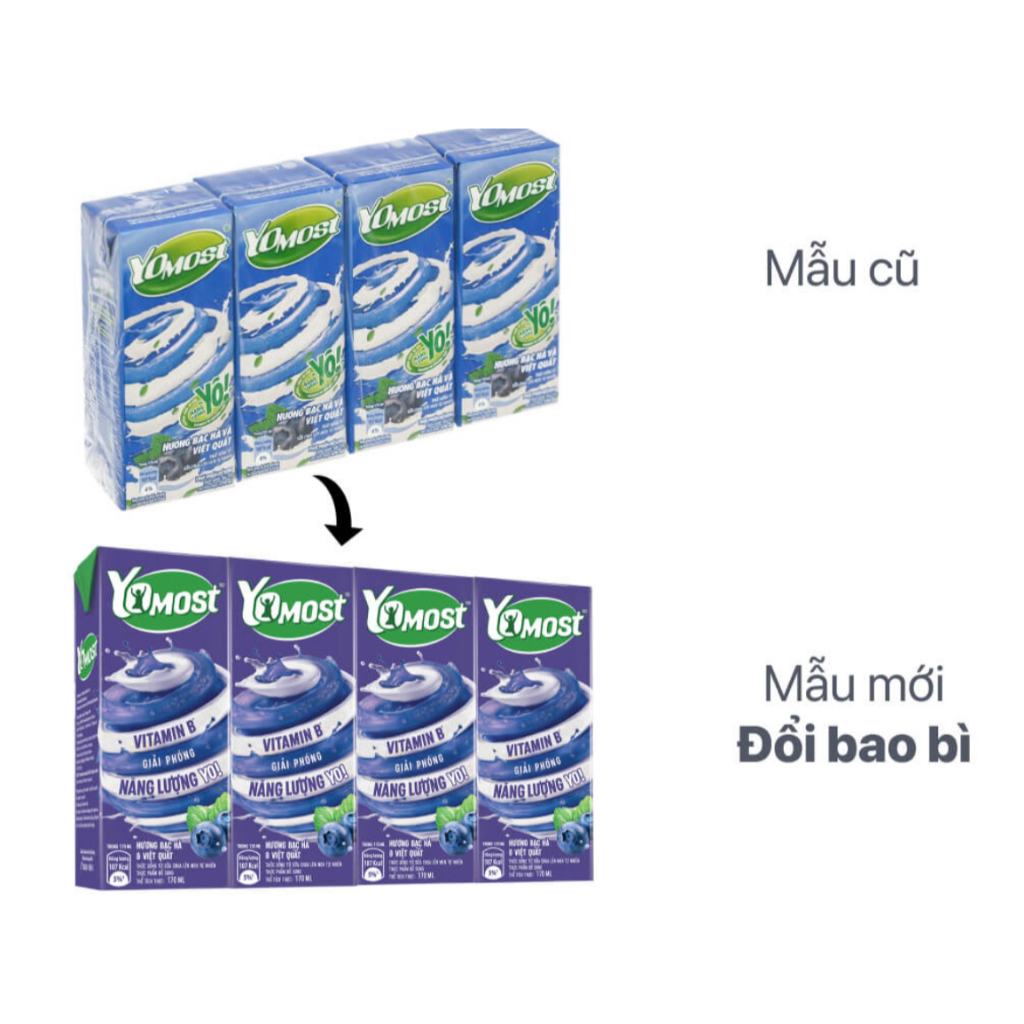 Lốc 4 hộp sữa chua uống hương bạc hà và việt quất YoMost 170ml