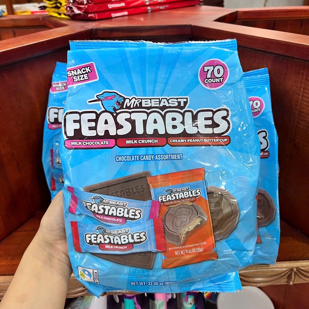 Socola Feastables MrBeast Mix 3Vị - Peanut Butter 2Cup - Milk Chocolate - Milk Crunch - Túi 70 Thanh