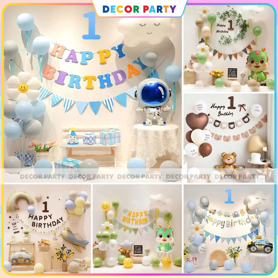 ( Tặng Số Tuổi ) Set Trang Trí Sinh Nhật Bé Trai Bé Gái, Bong Bóng Bay Happy Birthday