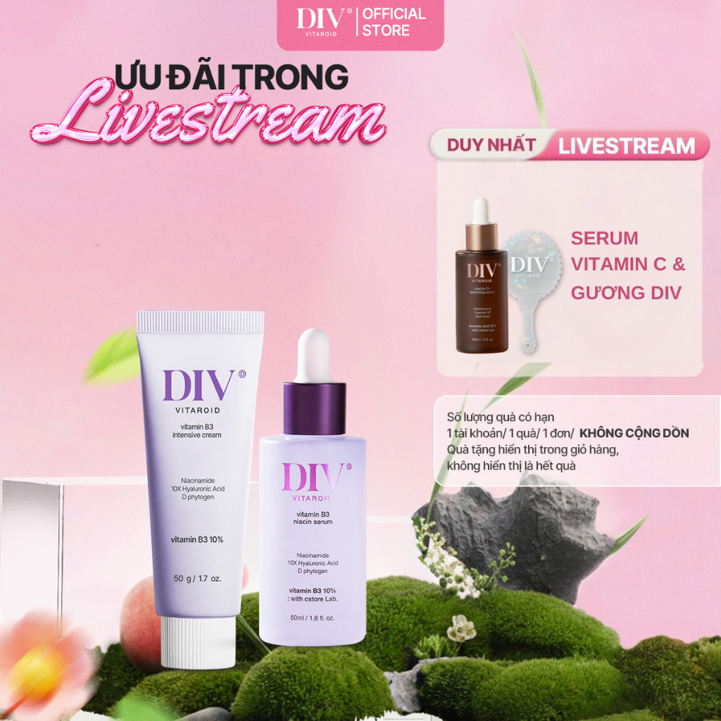 [LIVE] Bộ Đôi Dưỡng Sáng Vitamin B3 Hỗ Trợ Da Căng Mướt Serum 50ml Và Kem Dưỡng 50gram Với 10% Niaci