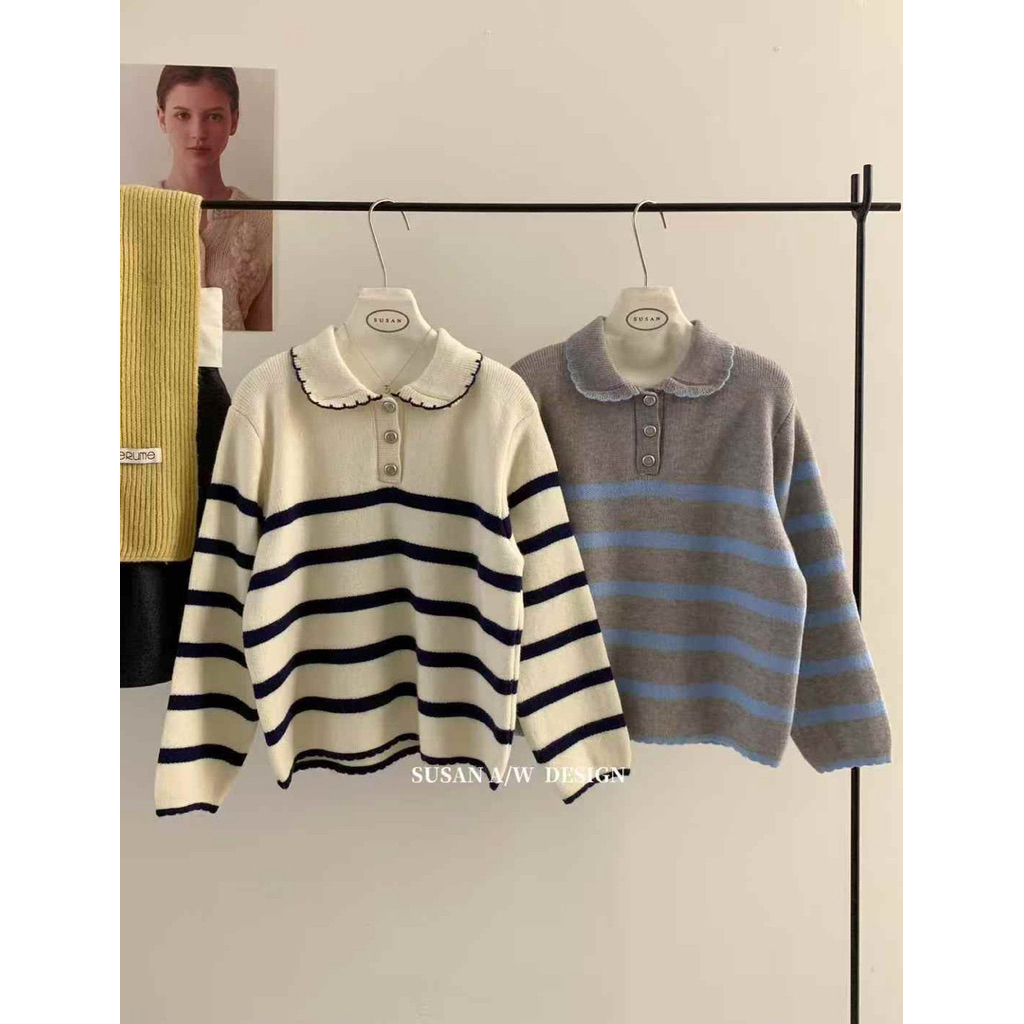 【F18.STUDIO】 #155 Áo polo len kẻ sọc ngang cổ viền hoa