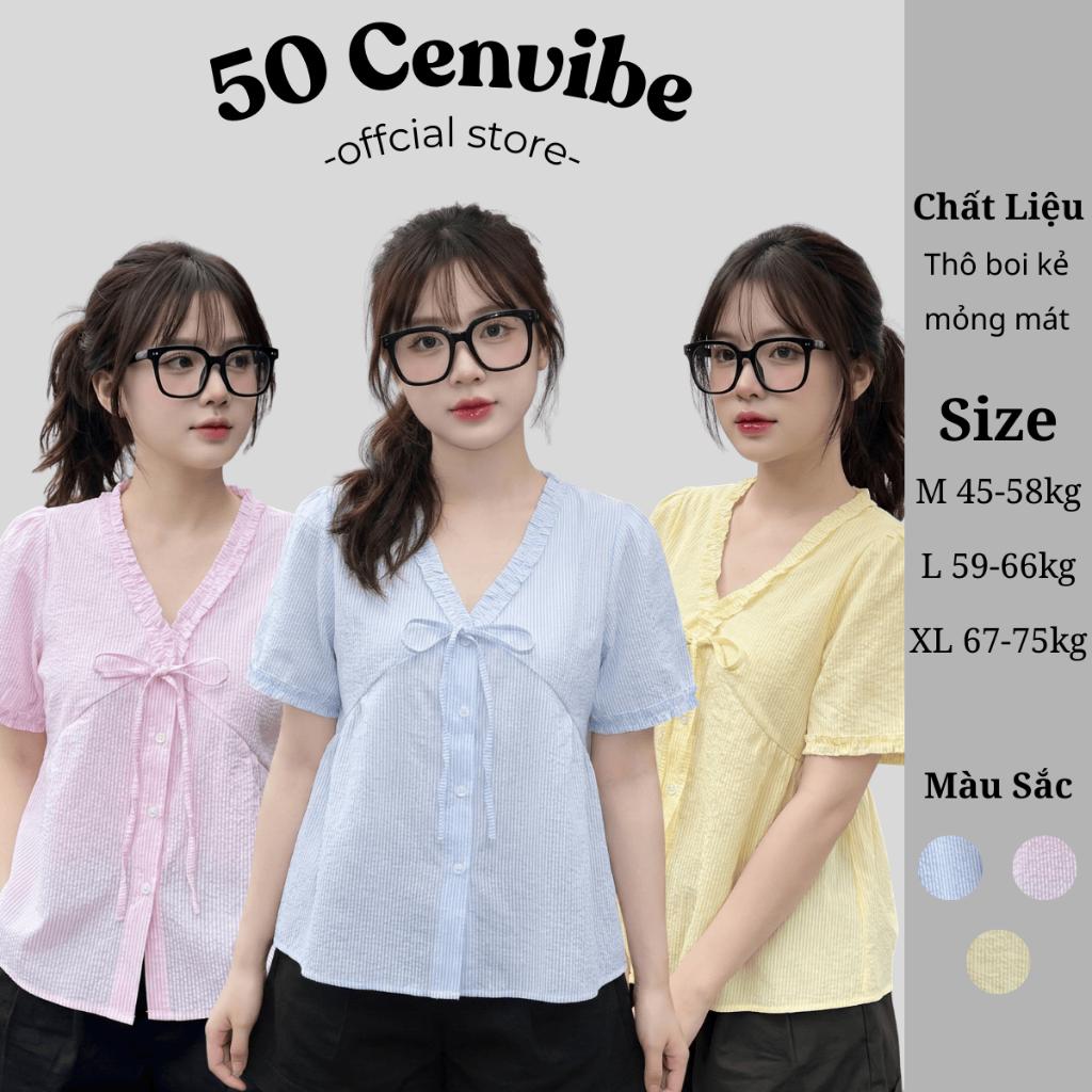 Áo Sơ Mi Nữ Cổ Tim Bèo Buộc Nơ Dáng Babydoll Có Bigsize 45-75kg Phong Cách Korea Chất Thô Boi (50 Ce