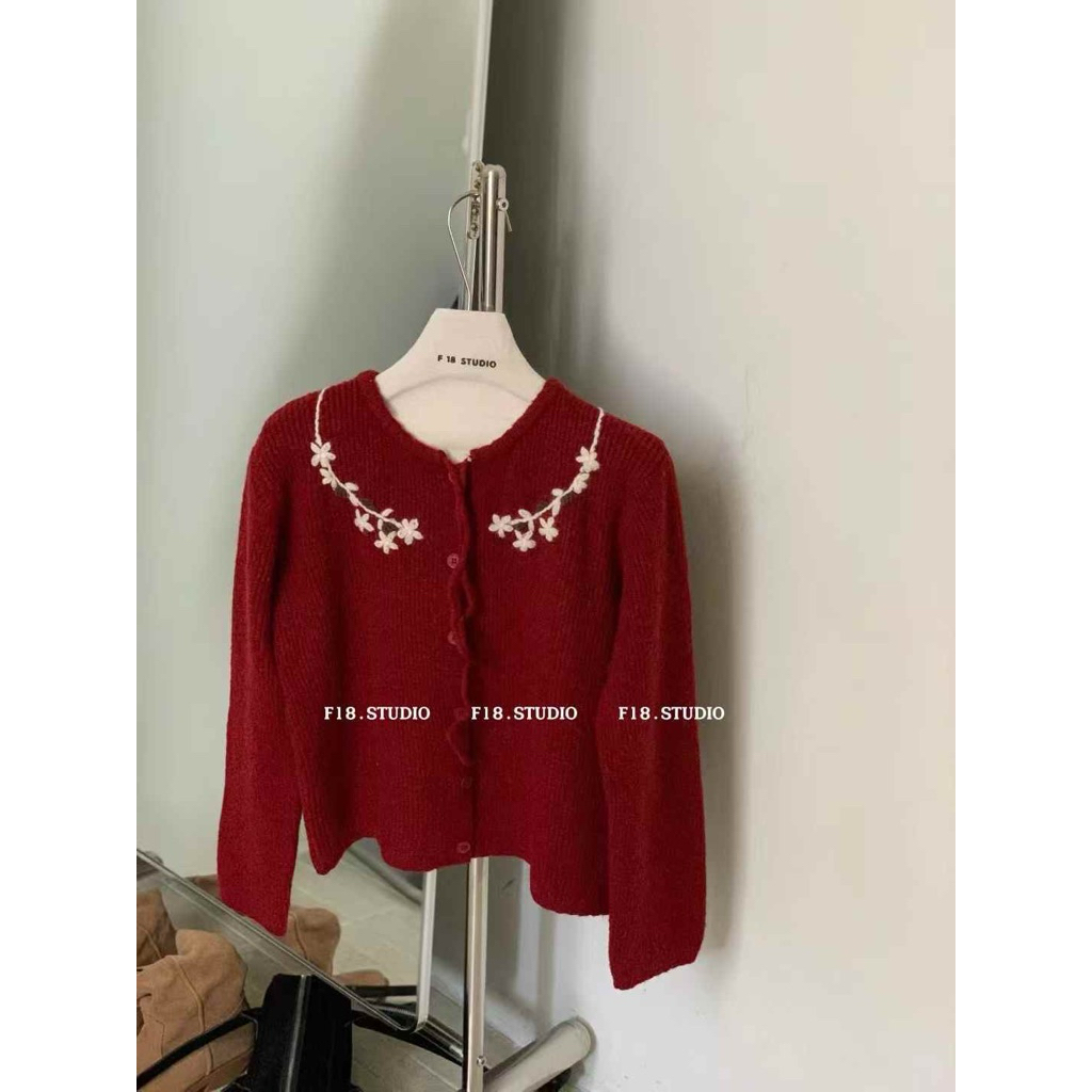 【F18.STUDIO】 #094 Áo cardigan len dài tay thêu hoa thắt dây nơ