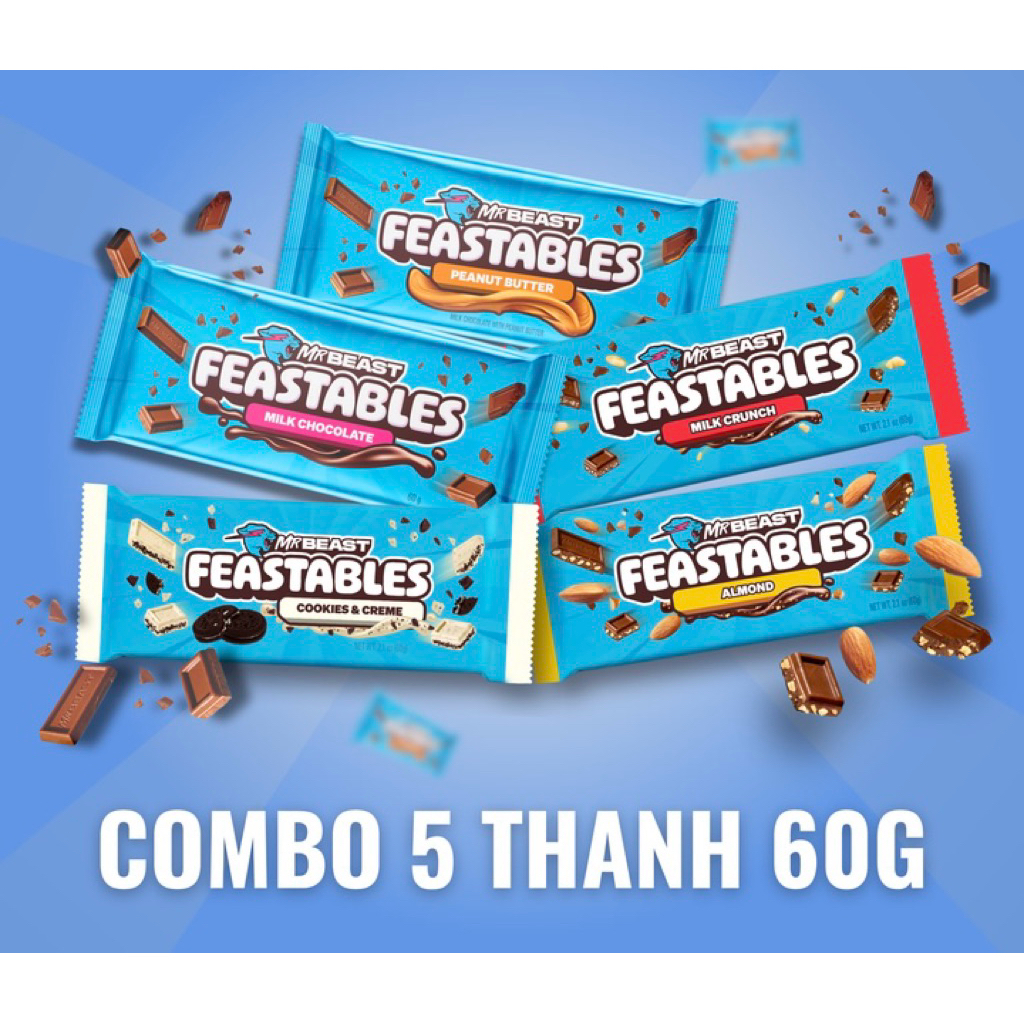 [Chính Hãng] Combo 5 Thanh Kẹo Socola MrBeast Feastables Phiên Bản Mới vị Sữa thanh 60g