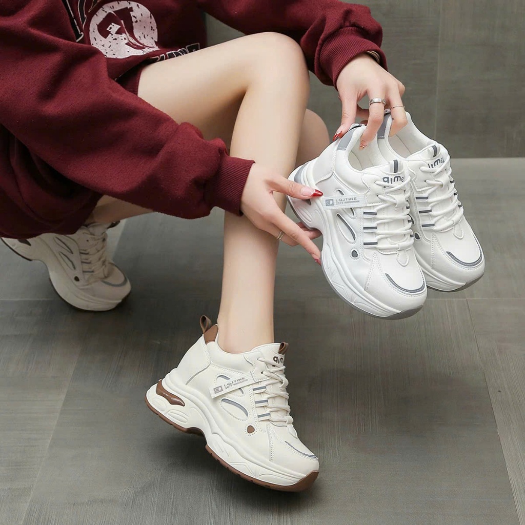 Đặt tăng 1 size- Giày thể thao độn đế nữ 8cm nhẹ êm đế màu nâu-Giày nữ thể thao QC chuẩn loại 1