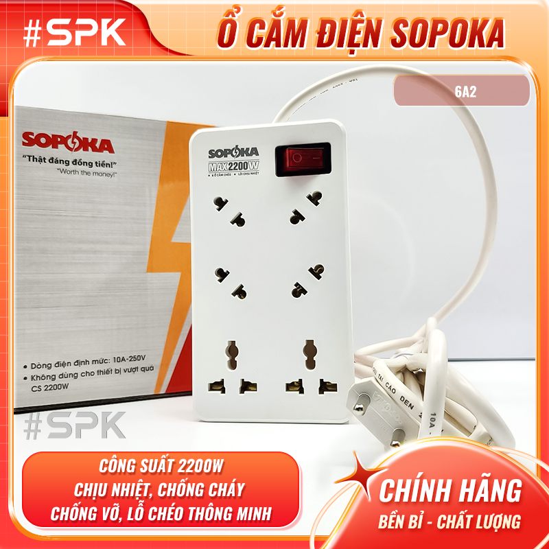SOPOKA Ổ Cắm Điện 6 Lỗ Chéo Lõi Chịu Nhiệt 2200W 6A2 Công Suất 2200W Dây 2.5m/4.5m
