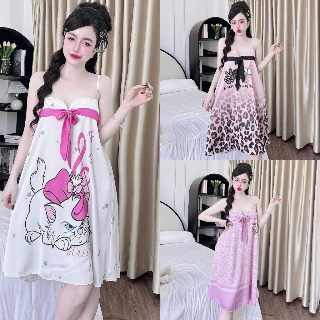 HISEXY Đầm Ngủ 2 Dây Mặc Nhà Lụa Latin Đủ Size Dưới 75Kg (Có Video Thật) MD68