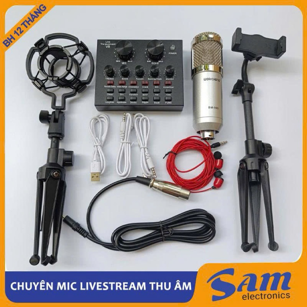 Combo livestream V8 và BM900 tặng kèm giá đỡ điện thoại, giá đỡ mic và tai nghe ( màu vàng)