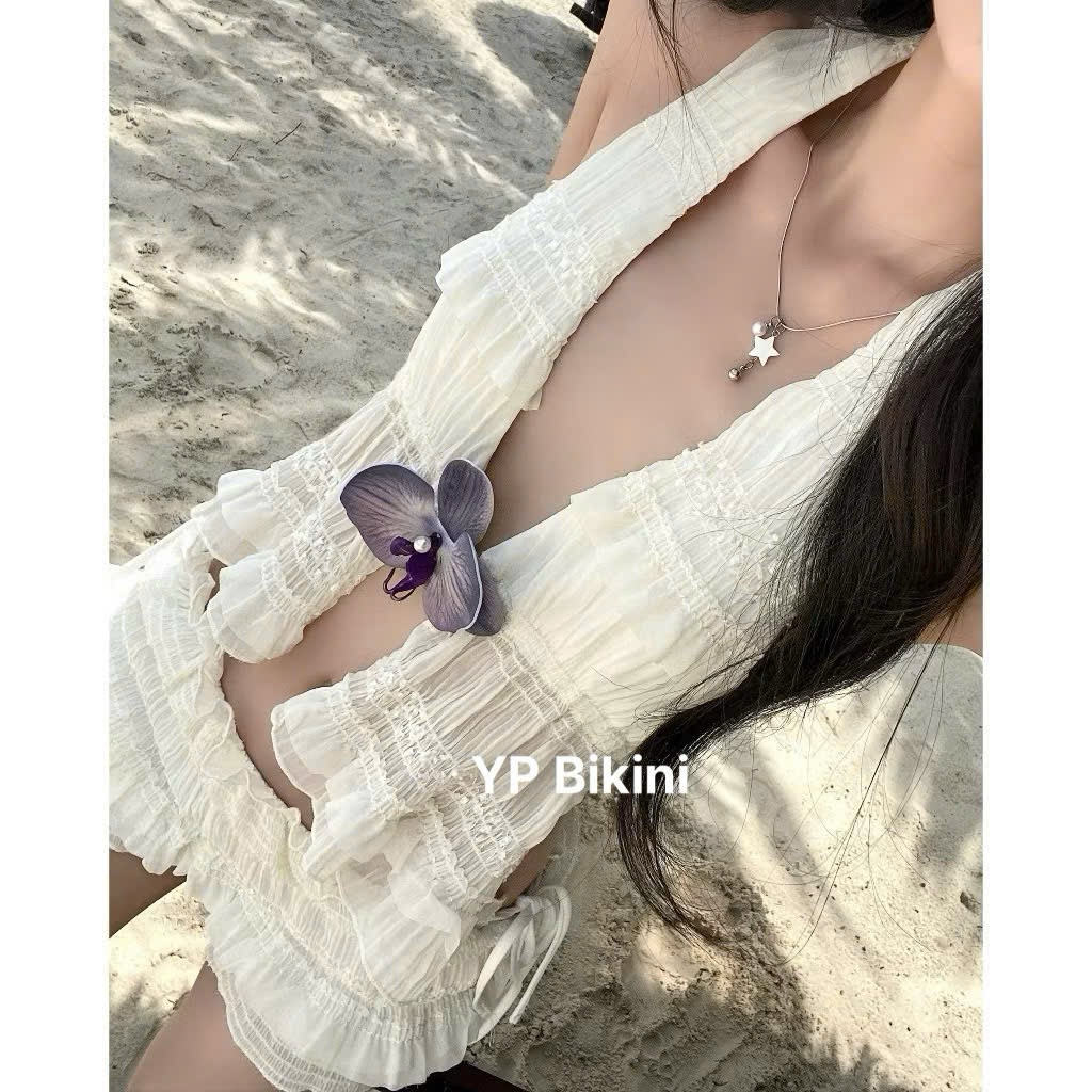 YP Bikini Set Áo Cổ Yếm Hở Lưng Voan Nhún ,Quần Short Cột Nơ Ôm Mông .Set Đi Biển Du Lịch