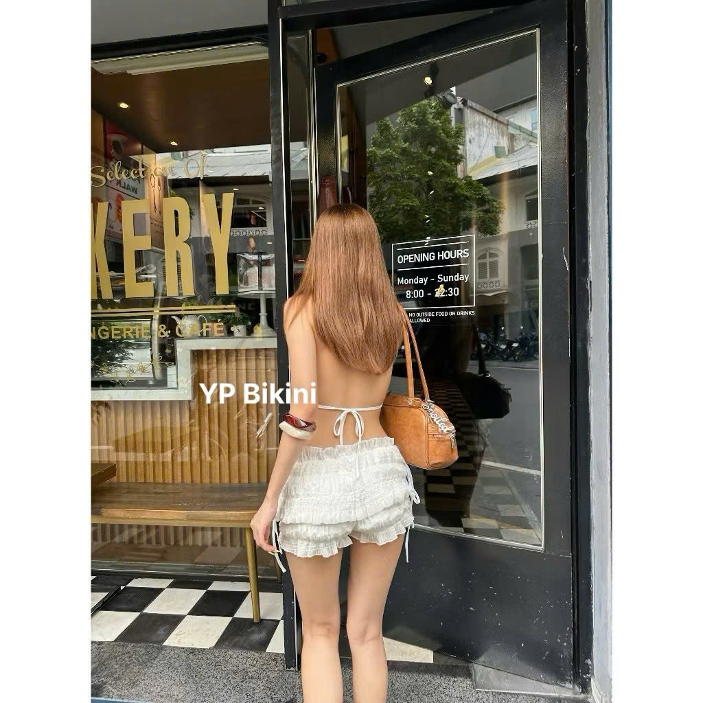YP Bikini Set Áo Cổ Yếm Hở Lưng Voan Nhún ,Quần Short Cột Nơ Ôm Mông .Set Đi Biển Du Lịch | BigBuy360 - bigbuy360.vn