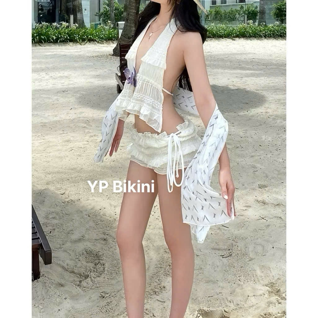 YP Bikini Set Áo Cổ Yếm Hở Lưng Voan Nhún ,Quần Short Cột Nơ Ôm Mông .Set Đi Biển Du Lịch | BigBuy360 - bigbuy360.vn