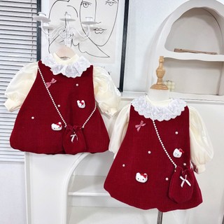    9-17kg   Set váy 3 chi tiết yếm nhung đỏ hellokitty áo sơ mi tay bồng kèm túi xinh cho bé mặc tết 