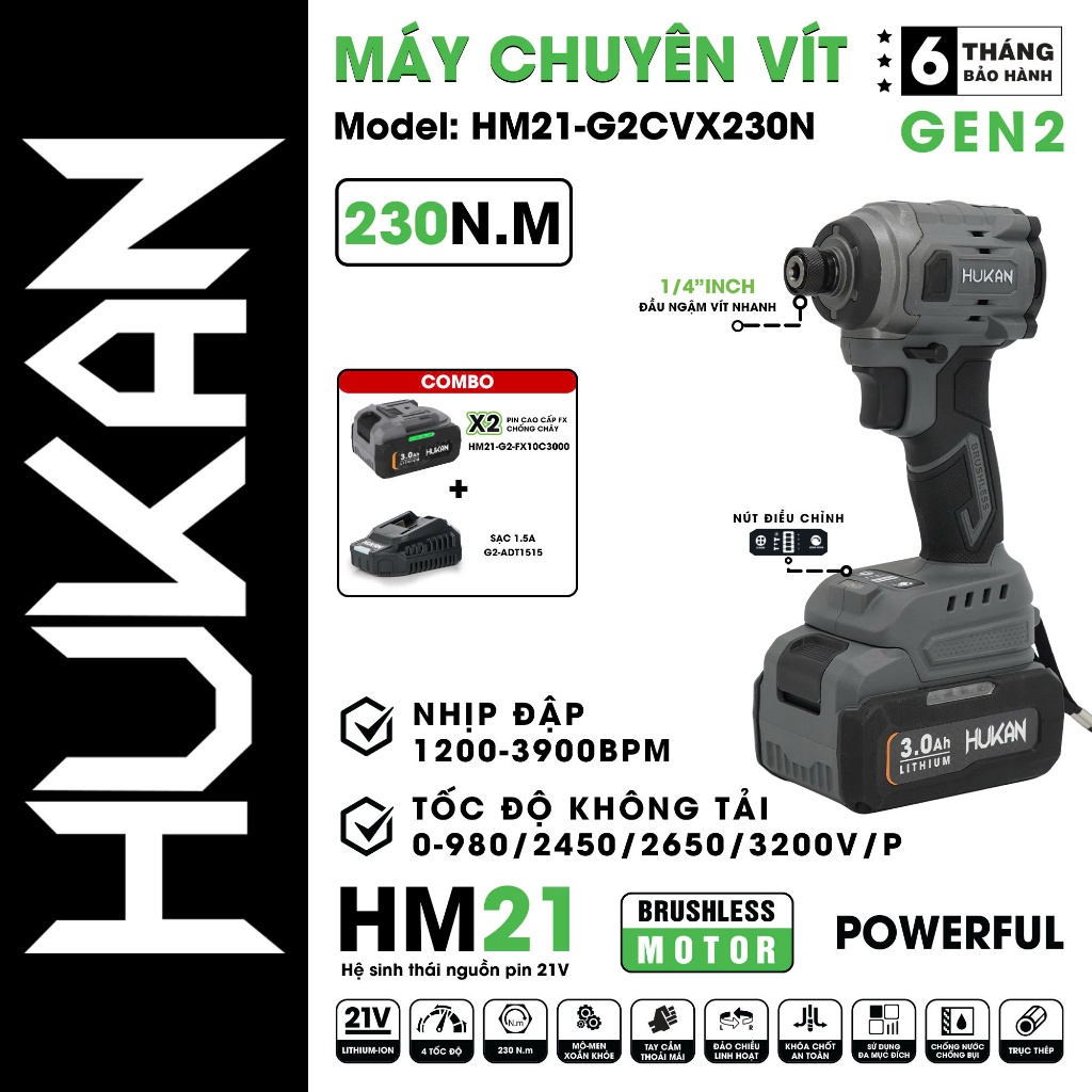 Máy chuyên vít pin Hukan HM21-G2CVX230N, 4 Tốc độ, Không chổi than, Lực siết 230Nm