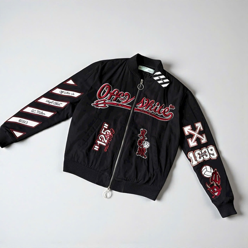 Áo khoác bomber OW AC Milan hoạ tiết thêu full siêu nét, chất liệu gió cao cấp trần bông trám dày dặ