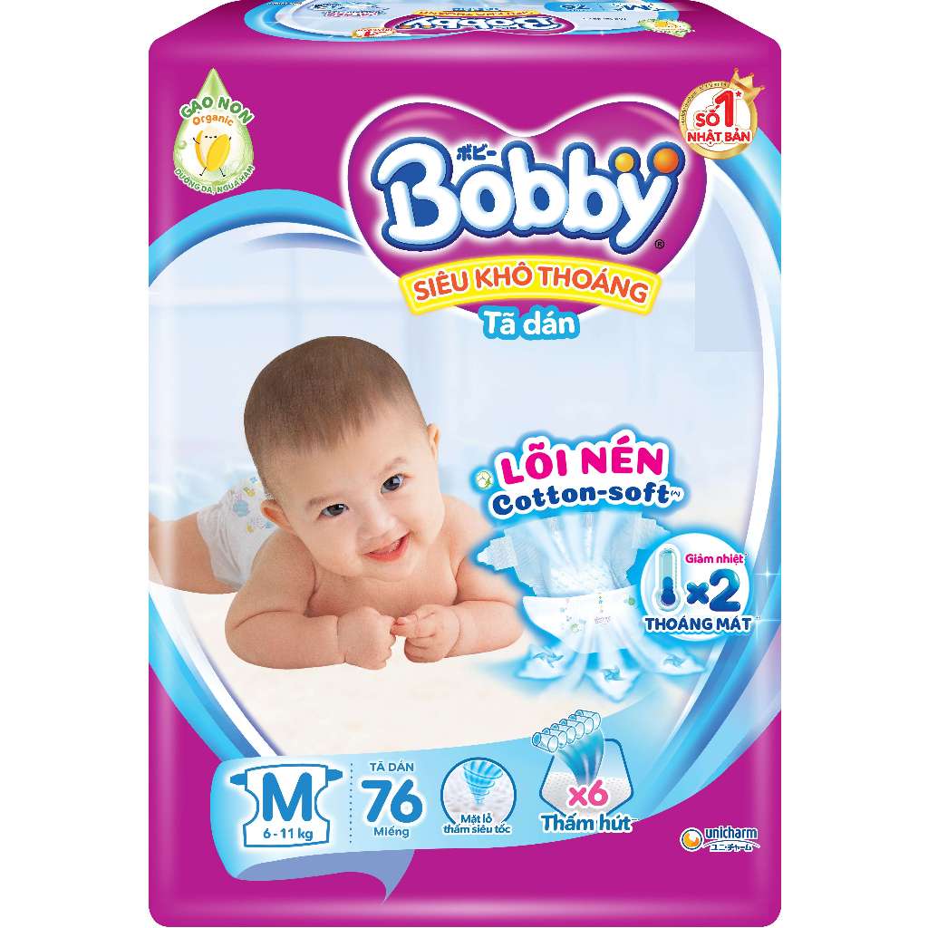 Tã dán Bobby M76- Lõi nén cotton-soft 3mm