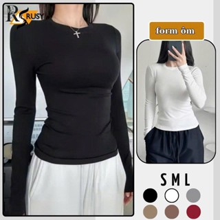  Áo Thun Tay Dài Cổ Tròn Trơn Basic Borip Lụa Mềm Mịn Dáng Dài Ôm Body Áo Tay Dài Nữ Giữ Nhiệt Siêu Co Giãn RUSY 
