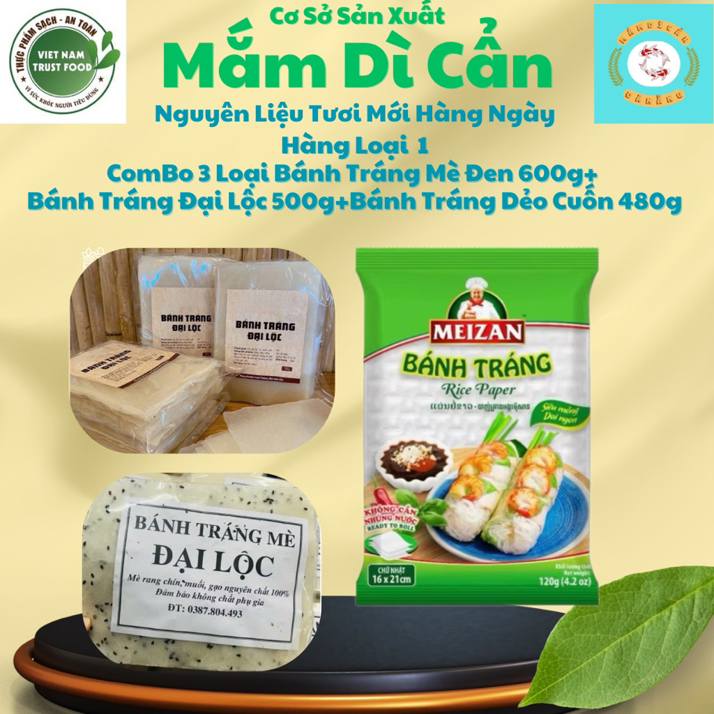 Combo 3 Loại bánh tráng ăn gỏi cuốn (Bánh mè 600g,bánh dẻo 480g,bánh đại lộc 500g)