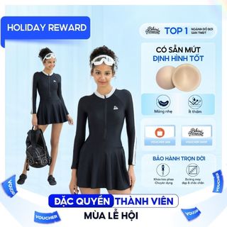  Đồ bơi nữ BIKINI PASSPORT một mảnh tay dài dạng váy kín đáo kèm quần bảo hộ chống nắng bigsize - màu Đen - BS1007_BL 