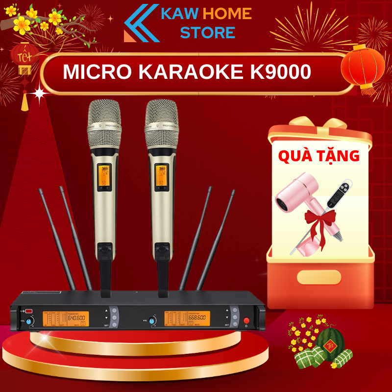 Bộ Micro Không Dây Kèm Đầu Thu Cao Cấp KAW K9000, Âm Thanh Chân Thực, Màn Hình LED, Chống Trượt