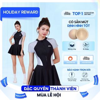 Đồ bơi nữ một mảnh tay ngắn kiểu váy kín đáo che bụng và có bigsize đến 75kg - BIKINI PASSPORT- màu Đen - BS1008_BL 