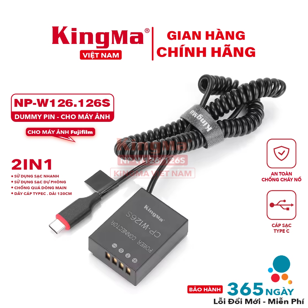 Dummy KingMa NP-W126/126S Type-C. Cho Máy Ảnh Fujifilm Mã W126/126S . Quay Livestream Liên Tục . Bảo