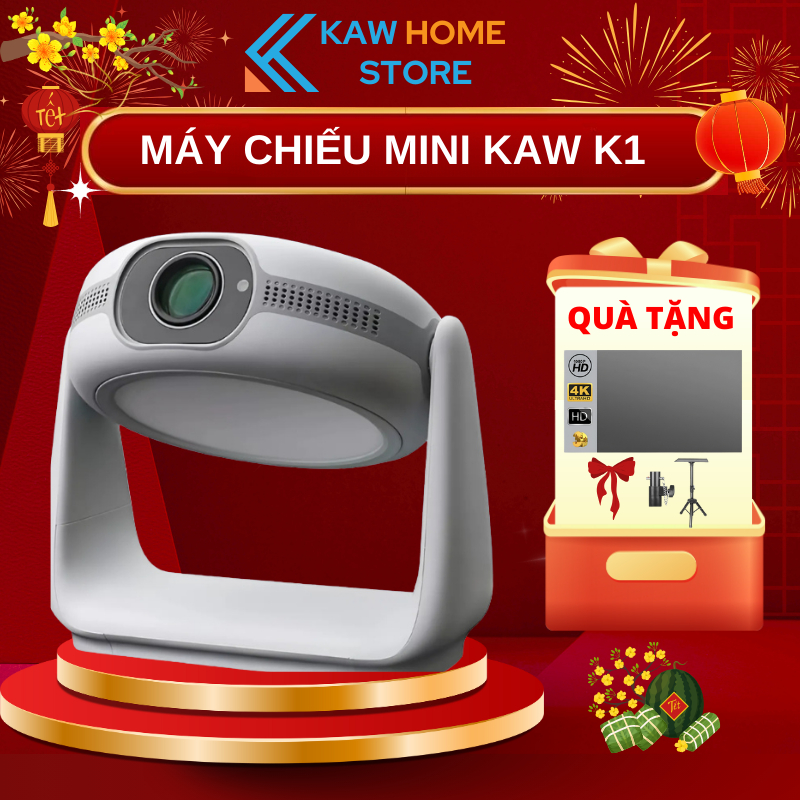 Máy Chiếu Mini KAW Để Bàn K1 Pin 5200 mAh 4K Android, Xoay 360 Độ, Tự Động Lấy Nét, BH 24 Tháng