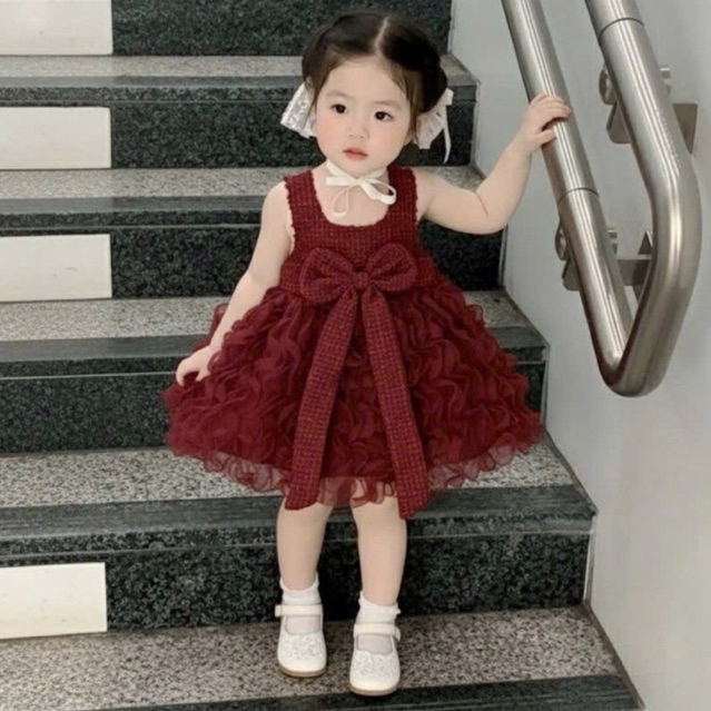 Váy Noel cho bé gái, váy Tết cho bé gái, váy đỏ chất nỉ đính nơ chạy sóng voan cho bé 6-18kg Cherry 