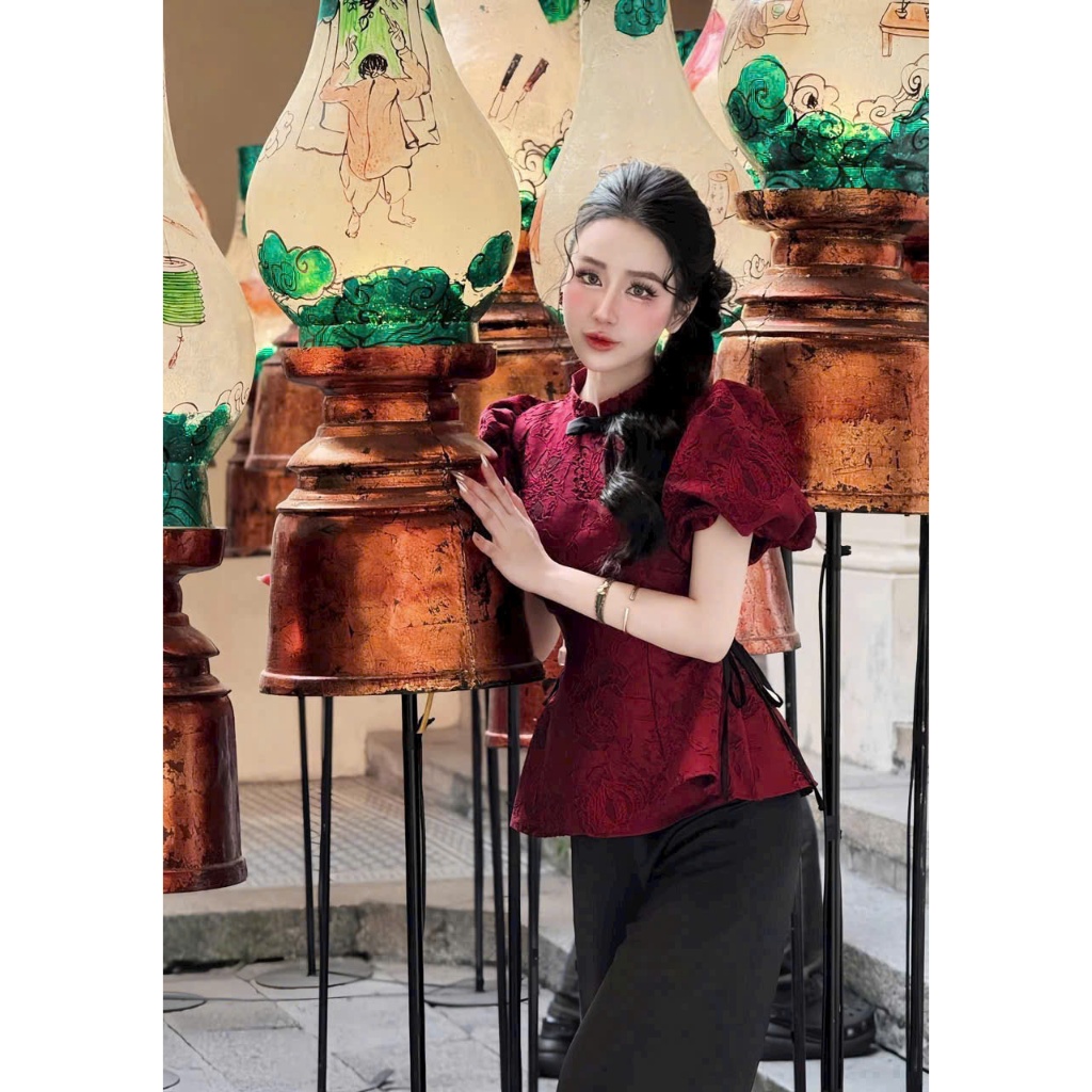 Set đồ nữ đi chơi noel chơi tết áo gấm phối quần tuyết nhung Ht995