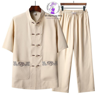  Bộ trung niên nam Size từ 42kg-85kg Quần áo trung niên cho ông bố Kiểu dáng cổ tàu chất liệu đũi mềm mại thoáng mát 