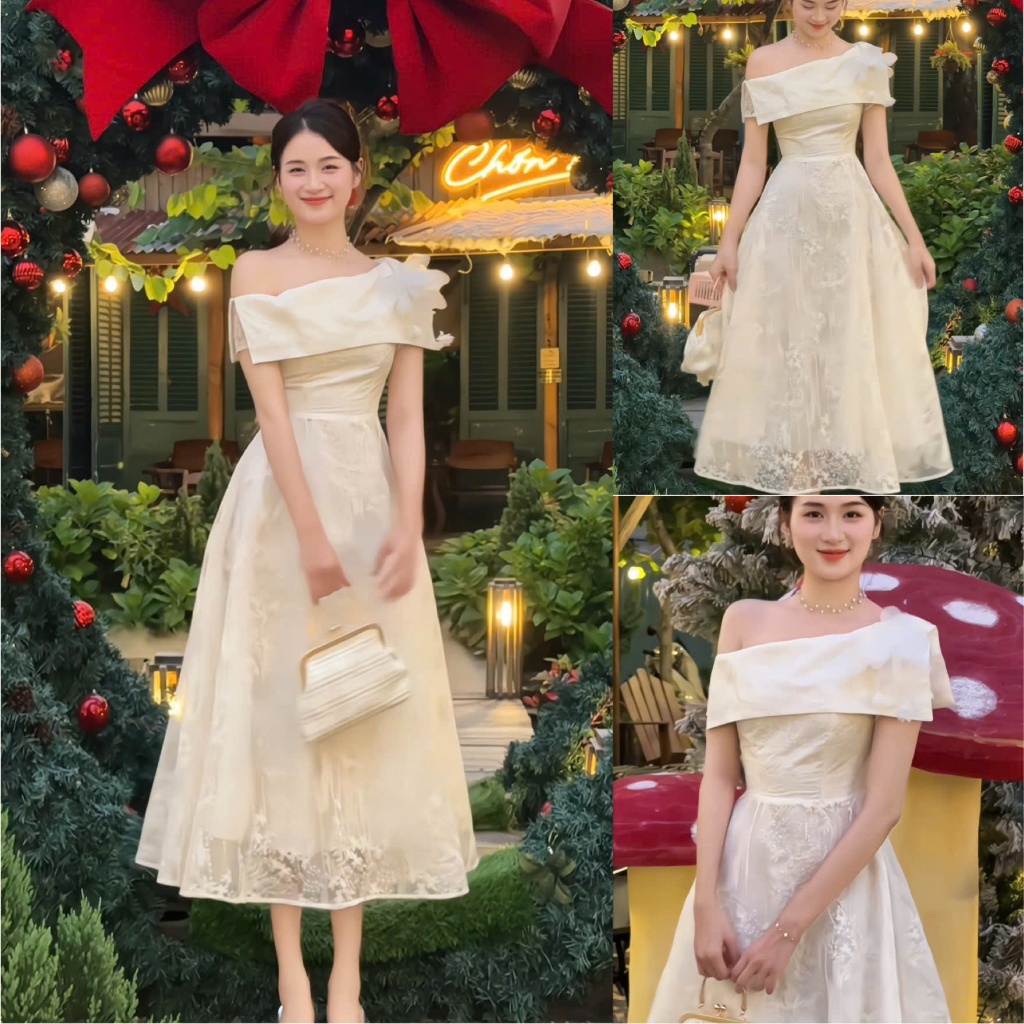 Y76 Đầm Ren dự tiệc lệch vai 2 dáng ngắn dài (kèm tag hoa rời) sang trọng tôn dáng Vân Akara
