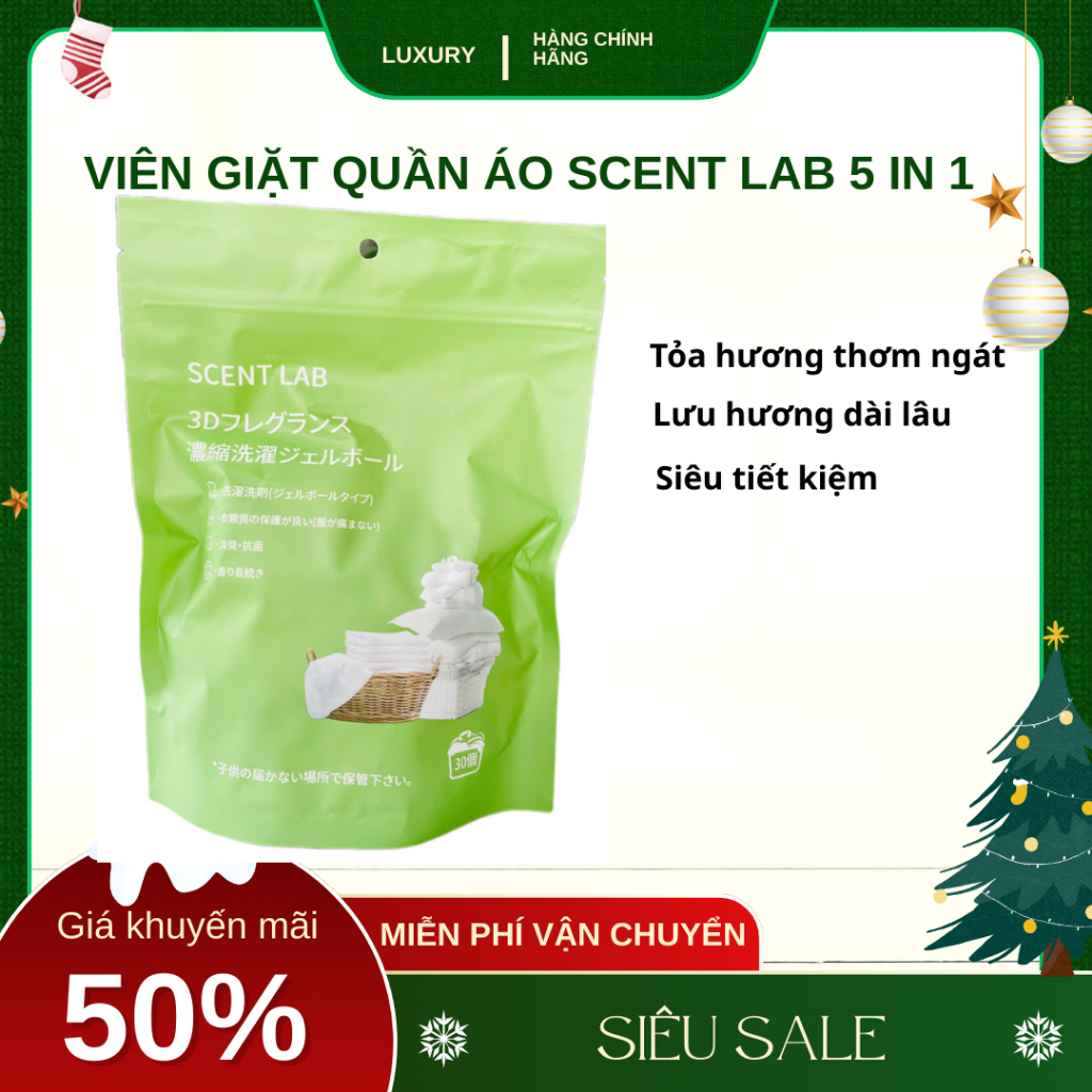 Viên giặt quần áo SCENT LAB , gói 30 viên giặt xả quần áo 5 trong 1, giặt thơm, thơm lâu