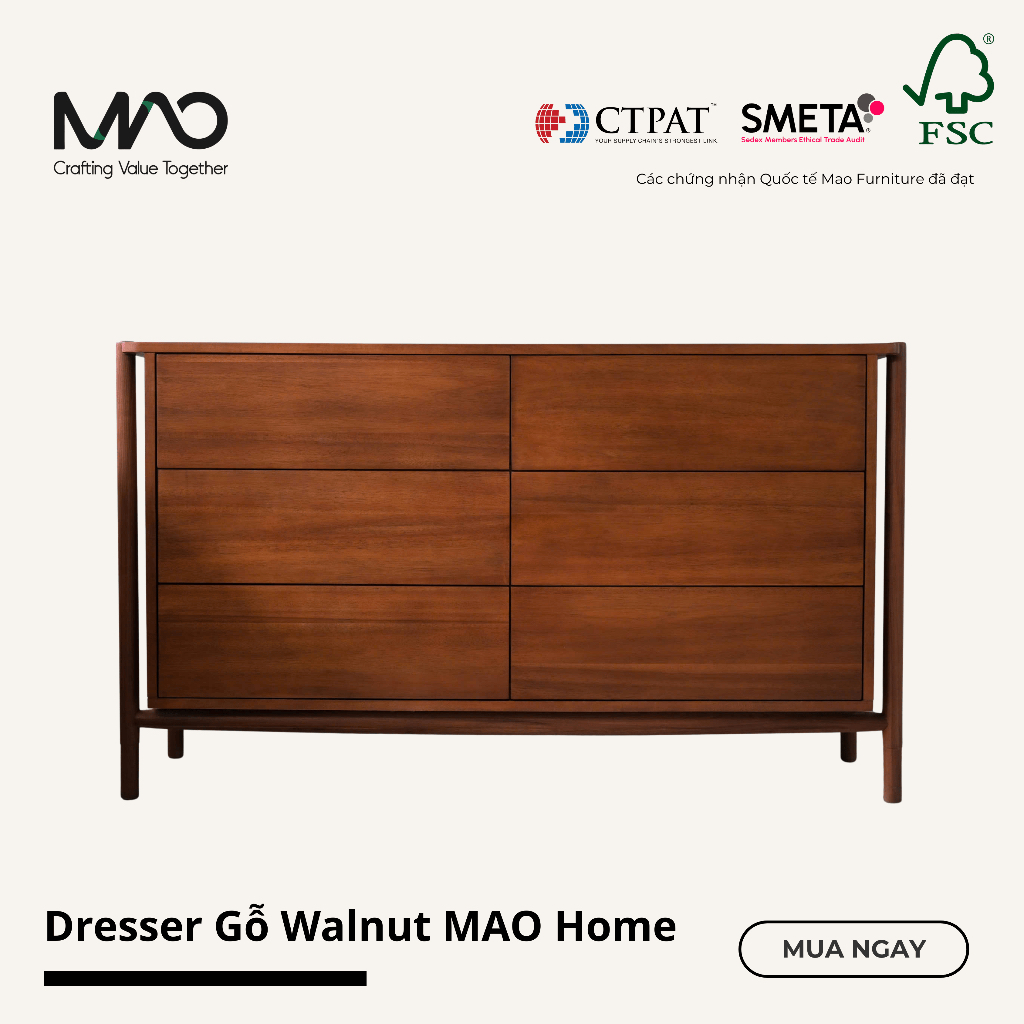 [Chính hãng] Dresser 6 Ngăn Gỗ Walnut MAO Home