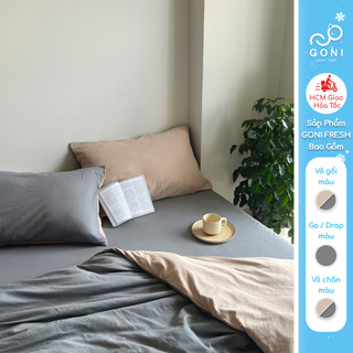  Bộ vỏ chăn mền ga gối GONI FRESH màu Beige Xám - Ga drap giường bo chun cao 4-25cm kích thước 1m 1m2 ,1m4 1m6 1m8 2m 
