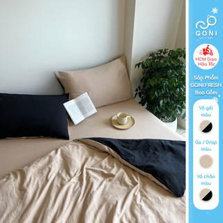  Bộ vỏ chăn mền ga gối GONI FRESH màu Đen Beige - Ga drap giường bo chun cao 4-25cm kích thước 1m 1m2 ,1m4 1m6 1m8 2m 