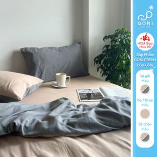  Bộ vỏ chăn mền ga gối GONI FRESH màu Xám Beige - Ga drap giường bo chun cao 4-25cm kích thước 1m 1m2 ,1m4 1m6 1m8 2m 