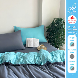  Bộ vỏ chăn mền ga gối GONI CHILL màu Xanh Xám - Ga drap giường bo chun cao 4-25cm kích thước 1m 1m2 ,1m4 1m6 1m8 2m 