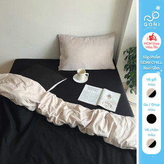  Bộ vỏ chăn mền ga gối GONI CHILL màu Beige Đen - Ga drap giường bo chun cao 4-25cm kích thước 1m 1m2 ,1m4 1m6 1m8 2m 