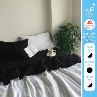 Bộ vỏ chăn mền ga gối GONI CHILL màu Trắng Đen - Ga drap giường bo chun cao 4-25cm kích thước 1m 1m2 ,1m4 1m6 1m8 2m 