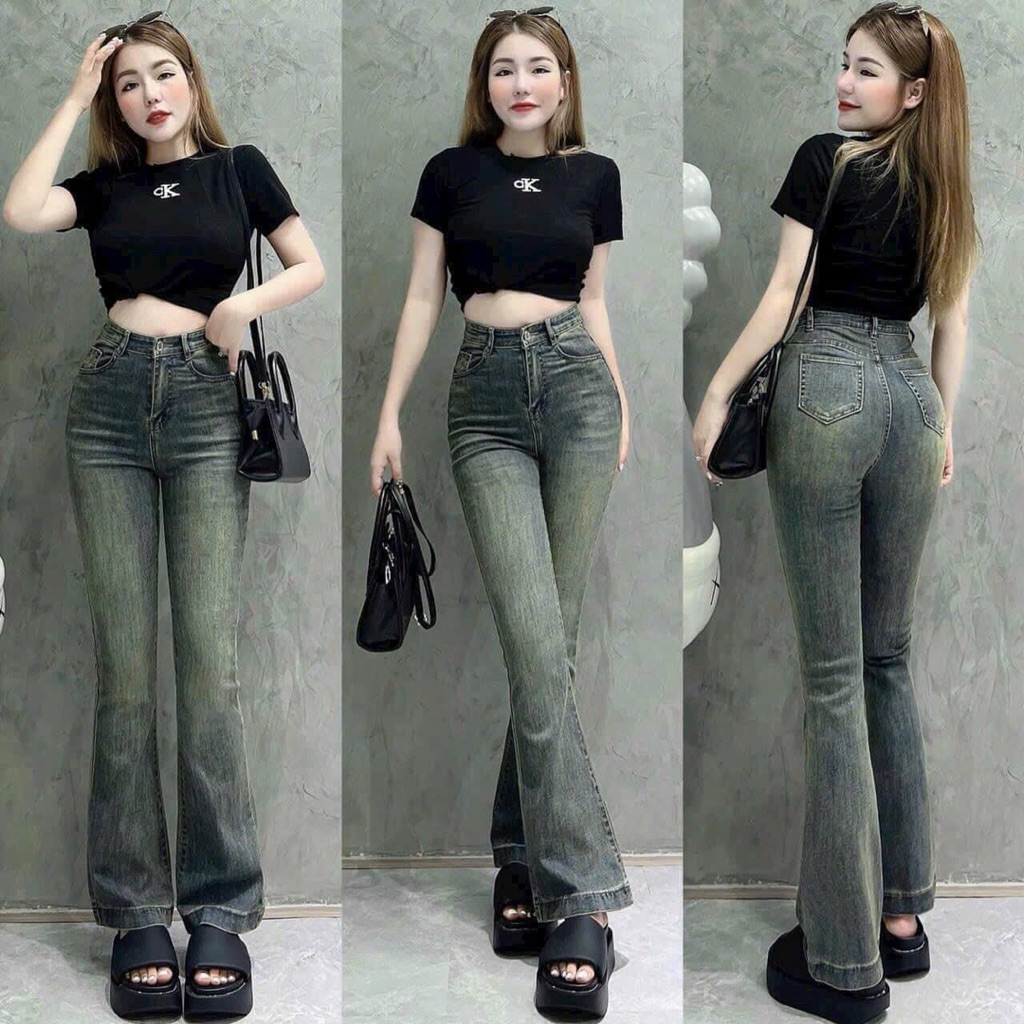 Quần Jean Ống Loe Co Giãn Basic 2 Màu Xanh Nhạt,Xanh Bụi Hot Trend -MOXIE BOUTIQUE-