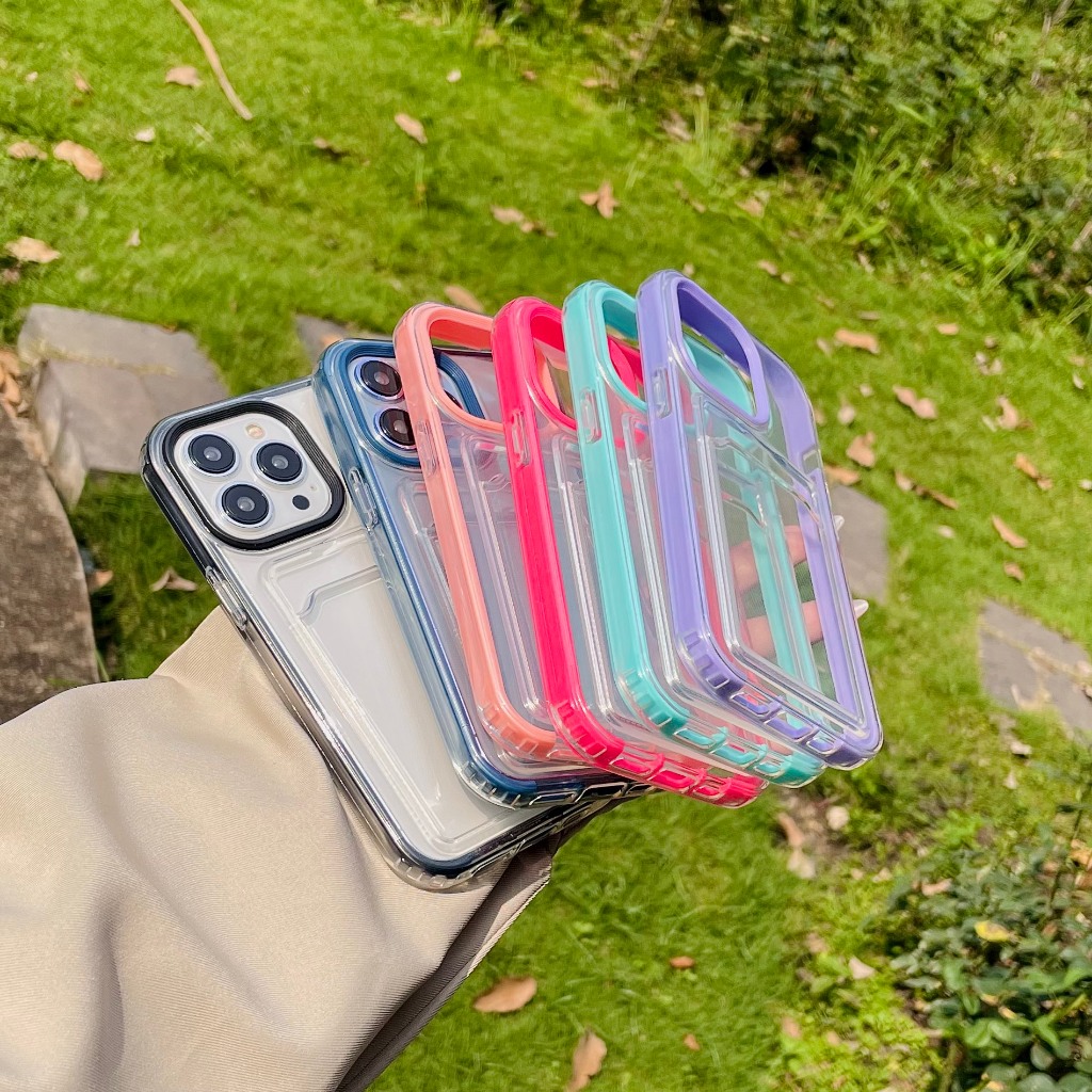 Ốp điện thoại viền màu trong suốt kèm holder tiện lợi