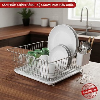  Kệ để chén bát đĩa inox kèm khay nhựa hứng nước Sta Ami Hàn Quốc ST_051 không gỉ sét 