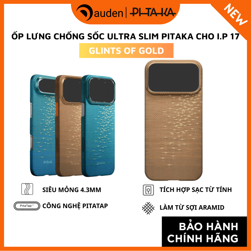 [iPhone 17 Series] Ốp lưng siêu mỏng PITAKA Ultra Slim Glints of Gold sạc từ - Hàng chính hãng