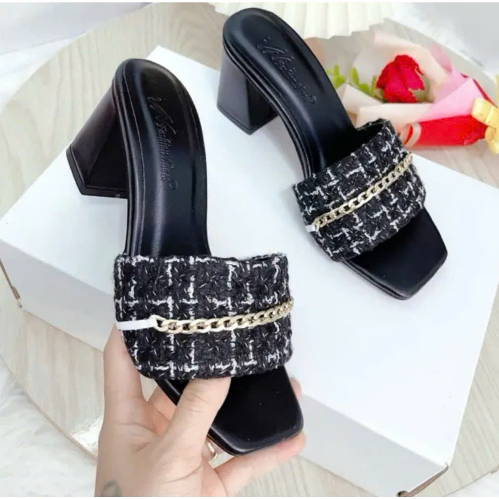 Dép guốc gót vuông quai ngang xích 5p màu xanh, đen